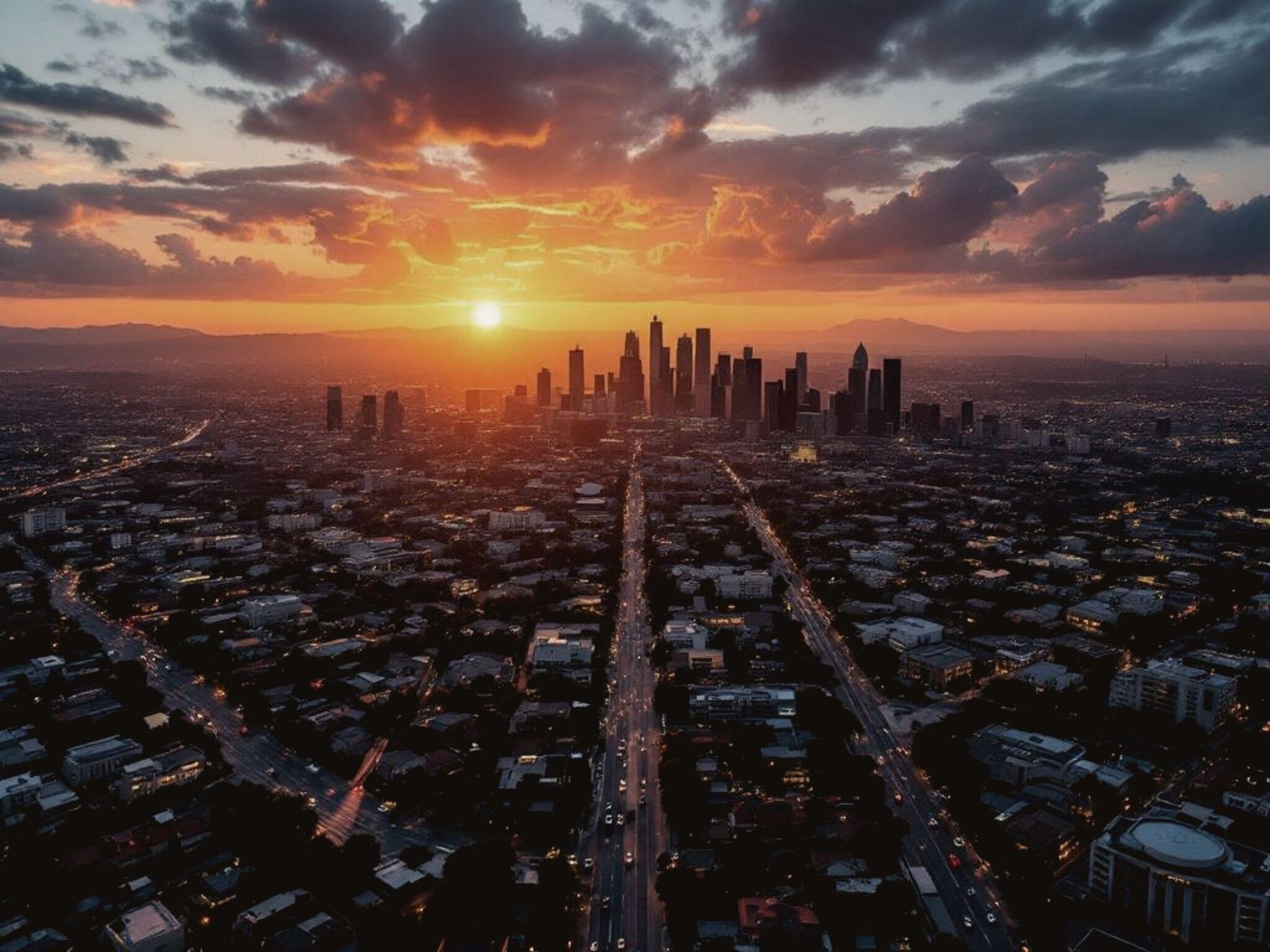 Aerial view across the Los Angeles basin at sunset, the downtown towers small against a burning sky and the street grid running to the horizon.